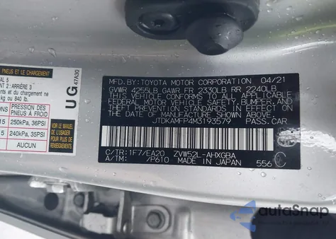 2021 Toyota Prius Prime Limited z USA, uszkodzony, nr VIN JTDKAMFP4M3193579